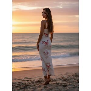 Strappy Long Beige Floral Dress Size S JR's Bodycon Floor length Roses